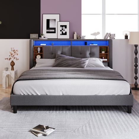 (=067980AAG)Lit rembourré double avec tête de lit de rangement, charge USB et éclairage LED, cadre de lit, sommier à lattes en bois, 160200CM gris (sans matelas) (1/5)