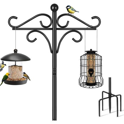 Support pour Mangeoire à Oiseaux sur Pied, 195 cm Environ 2 m, Réglable avec 2 Crochets, Double Support Autoportant Robuste pour Jardin, Lanterne Lumineuse, Suspension en Métal, Noir (1/5)