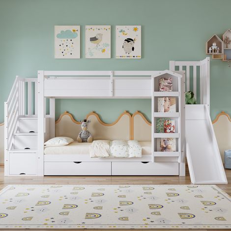 Lit superposé enfant 90 x 200 cm avec deux tiroirs à roulettes et toboggan 2 places étagères et escalier avec rangement Blanc (1/5)