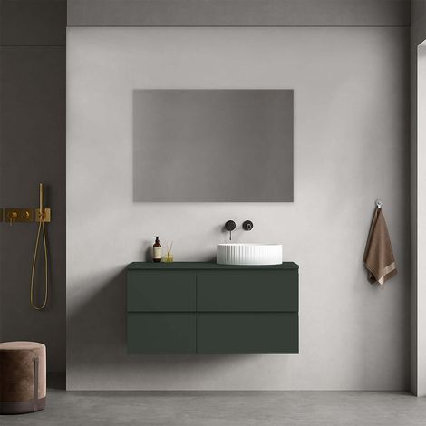 Mobile bagno sospeso reversibile  100 cm Verde Comodoro  per Lavabo d'appoggio Specchio Quadro - Fiji Paint Top