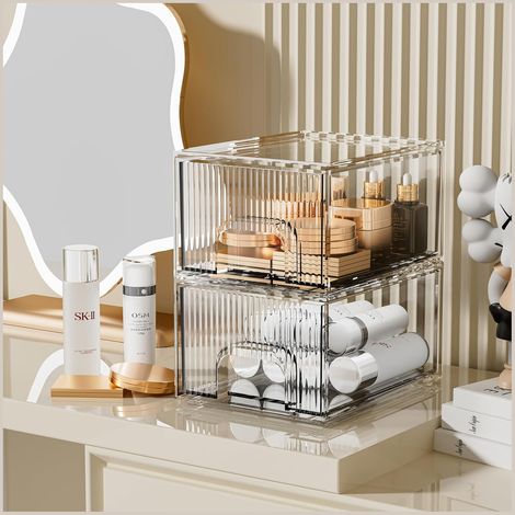 2 Pack Clear Stackable Cosmetic Organizer, Acrylic Drawer, Plastic Organizer for Dresser, Vanity, Kitchen Cabinet, Pantry, Home Organization and Storage (1/5)
