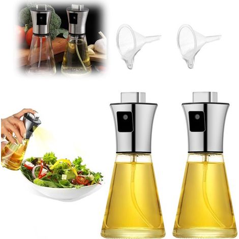 Pulverizadores de aceite de oliva de acero inoxidable, Juego de 2 con embudo pequeño, 200 ml, Espray de aceite, Bomba de aceite, Vidrio (1/5)