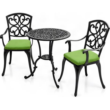 Homeology VIVALDI Black 3-Piece Cast Aluminium Garden Bistro Set - Rust-Proof Round Table with Parasol Hole & 2 Generously Sized Armchairs - with Green Cushions (1/5)