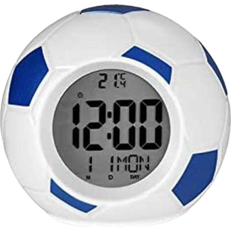 Réveil à la finition soignée et raffinée, montre mécanique manuelle créative sans bavures, ABS, sur le thème du football, lumineuse, à activation vocale, bleu anniversaire. (1/5)