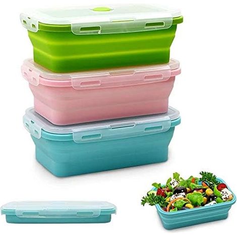 Boîte À Repas En Silicone - 3 Pièces - 1200 Ml - Pliable - Pour Micro-ondes Congélateur Et Lave-vaisselle - Avec Valve De Dégazage