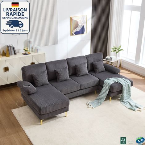 MODFU - Sofá esquinero de 4 plazas con 4 cojines, LED, forma de U, puerto USB, tela de pana, 265×135×88 cm, gris (1/5)