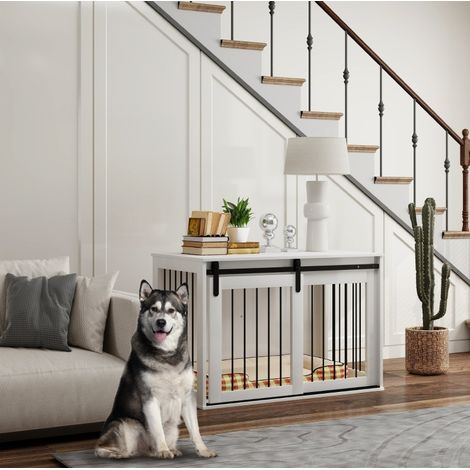 Gabbia per cane con porta scorrevole 98 x 58 x 61 cm, bianca, in legno e acciaio DESVIAE (1/5)