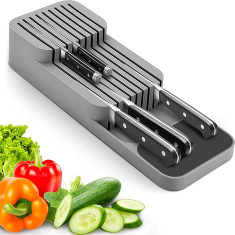 Organisateur de couteaux pour tiroir, rangement sécurisé à fentes multiples, coloris gris (1/4)