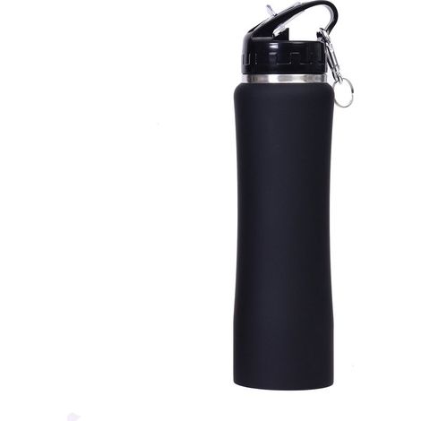 Botella de agua de acero inoxidable de doble pared, Termo negro de 600 ml, Termo de doble efecto, Asa antideslizante, Con pajita, Color negro (1/5)
