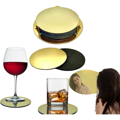 Lot de 6 sous-verres avec support, sous-verres miroir dorés avec effet antidérapant, idéal pour la maison, les cafés et les bars. (1/5)