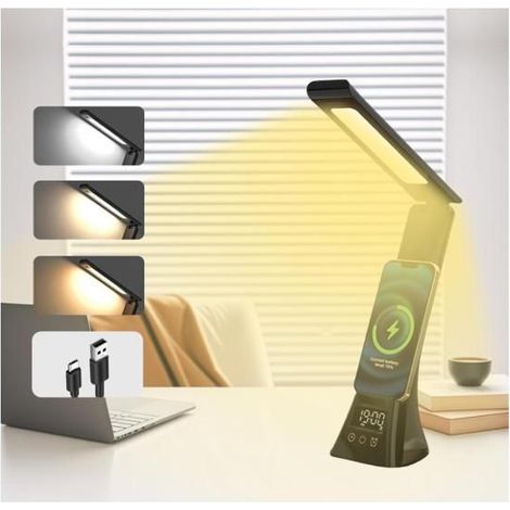 Kabellose, wiederaufladbare LED-Schreibtischlampe, 3 einstellbare Farbmodi, mit Timer und Touch-Speicher.