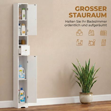 Meuble de salle de bain étroit 20x20x185 cm blanc, armoire avec tiroir, portes cintrées, étagère réglable et compartiment ouvert (1/5)