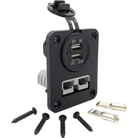 Offgridtec telaio da incasso doppio SB50 Anderson 90A + 2 porte USB, IP65 resistente all’acqua, plastica di alta qualità, montaggio Anderson 12V-24V DC per camper, barche e sistemi solari, nero (1/5)