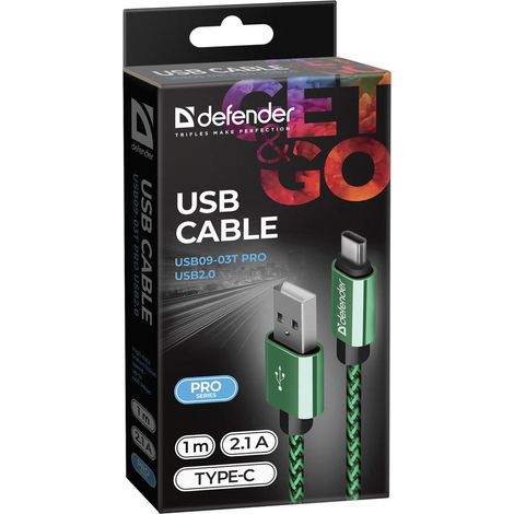 Cavo USB Defender AM-Type C da 1 m, 2,1 A, verde-nero (1/4)
