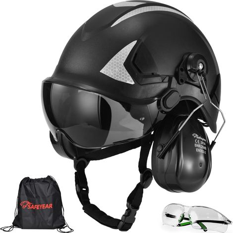 Casque de Sécurité EN397 avec Visière et Cache-Oreilles, Casque Protection ABS avec Lunette UV, Casque de Chantier Réglable 53–64cm pour Industrie, logistique de Stockage, Forestier (1/4)