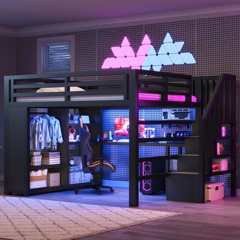 Etagenbett 140/200 cm in Schwarz aus Metall mit Schreibtisch, LED, Ladestation und offenem Kleiderschrank (1/5)