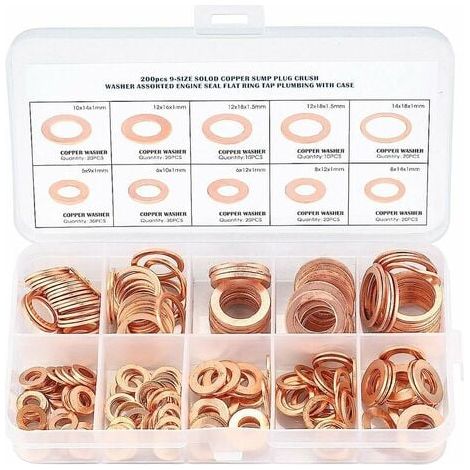 Packung mit Kupfer-Metall-Unterlegscheiben – Dichtungen, Dichtringe – Flache Unterlegscheiben mit Box – Sortiment 200-teilig zum Abdichten – Größen M5 M6 M8 M10 M12 M14. (1/5)