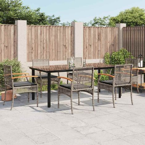 Salon de jardin 7 pièces en résine tressée, table noire, chaises grises, coussins gris foncé - PANGIVO (1/5)