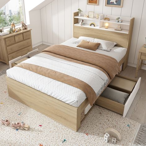 REDOM - Divano letto 90x200 con LED USB scrivania 2 cassetti MDF compensato imbottito rosa (Senza materasso) (1/5)