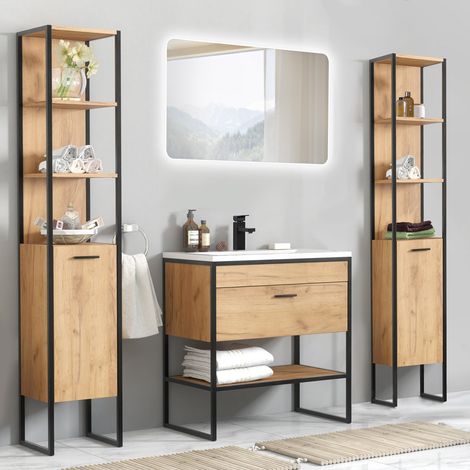 Badmöbel Set in Industrial-Design MANHATTAN-56 5-teilig in Gold Craft Oak Eiche/schwarz B/H/T: 190/200/46cm (1/5)