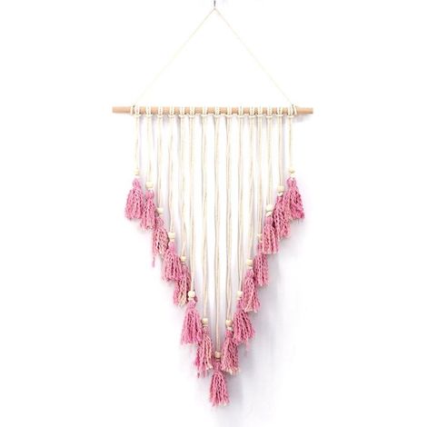 Tenture Murale Macramé Bohème Chic Géométrique Décor Artisanal 74x45 cm Rose et Beige (1/5)