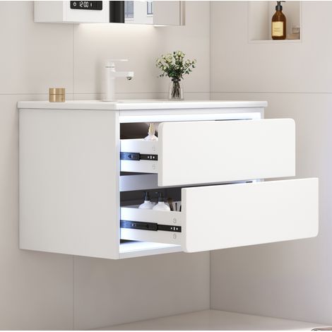 REDOM - Mueble lavabo suspendido 76x46x48.5 cm, 2 cajones, iluminación LED con sensor radar, lavabo de cerámica integrado, MDF blanco (1/5)