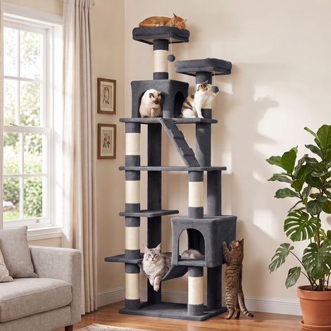 Arbre à chat - Gris foncé - 204cm - 6 niveaux avec 2 niches, hamaca et poteaux en sisal pour 1-3 chats (1/5)