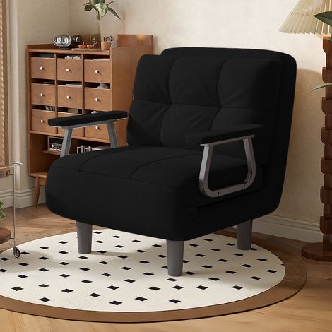Divano letto/poltrona, trasformabile, 1 posto - Elevato comfort, staccabile con cuscino, braccioli e gambe in metallo (Nero)