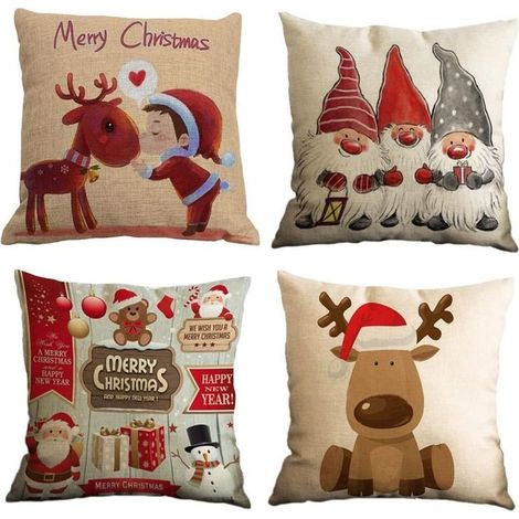 Federa, set da 4 in cotone con stampa natalizia di renne, Babbo Natale, pupazzo di neve e nani, 45 x 45 cm (Set-G) (1/5)