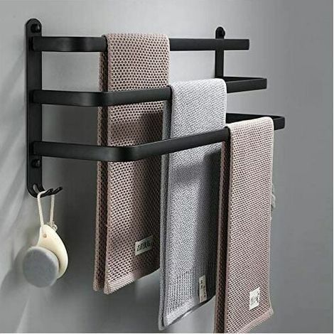 Porte-serviettes de salle de bain : Porte-serviettes mural adhésif noir pour douche et cuisine, étanche et équipé de crochets (trois barres de 70 cm)- (1/4)