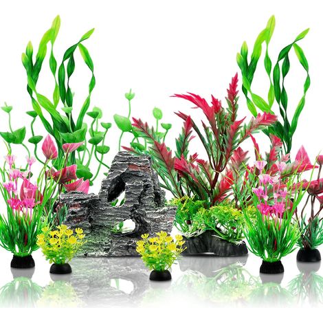 Aquarium Decoration Plante, Plantes Artificielle Aquarium Deco et Rocher Polyrésine Grotte Ornement, Cachette Décoration pour Aquarium Poissons, 12 Pièces (1/5)