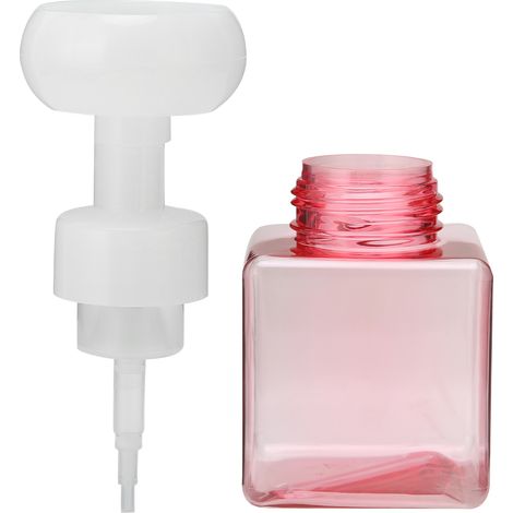 Flacon pompe rechargeable 250ml pour gel douche ou savon liquide, design voyage transparent rose (1/5)