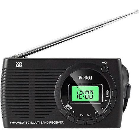 Radio portable compacte AM/FM/SW, fonctionnant sur piles, avec écran et horloge, double alimentation, stéréo, idéale pour les situations d'urgence (États-Unis). (1/5)