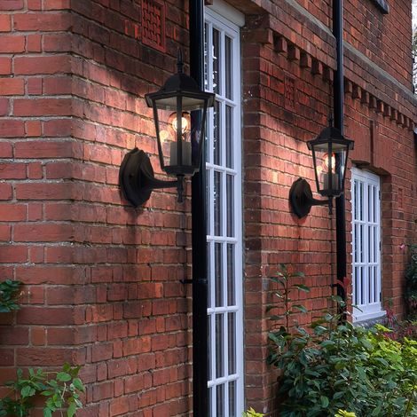 Wandleuchte Wandlampe Laterne Außenleuchte Terrassenleuchte Hauswand, IP44, schwarz Glas klar Antik, 1x E27 Fassung, BxHxT 17x36x20,8cm, 2er Set