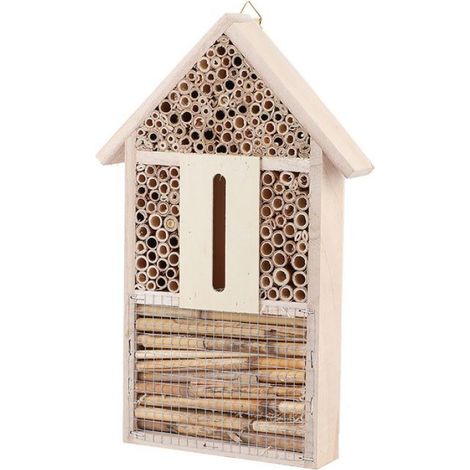 Abri de maison d'abeille d'hôtel en bois naturel pour jardin avec tubes pour abeilles solitaires et papillons bénéfiques (1/4)