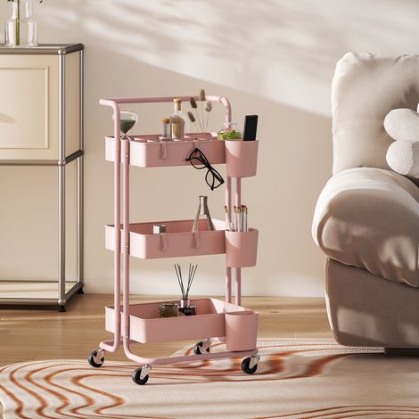 Carrito Auxiliar con Ruedas Carro de Almacenaje Multifuncional con Ganchos y Cajas Colgantes 42x38x86,5 cm Rosa (1/5)