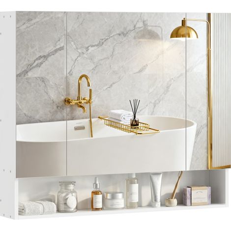 Armoire murale salle de bain 90 x 15 x 75 cm gain de place trois portes miroir étagère ajustable épuré en MDF blanc (1/5)