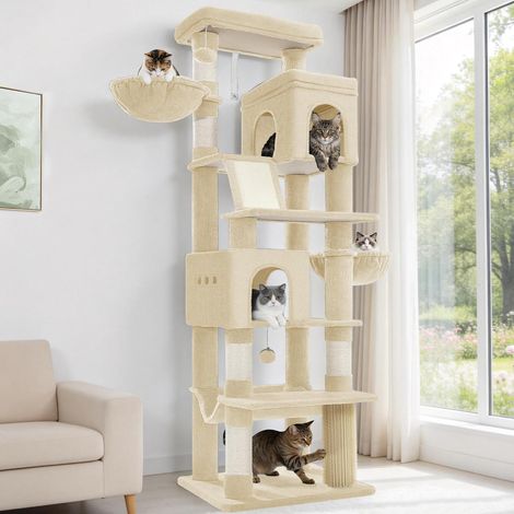 Arbre à Chat, XXL, 213 cm Haut, 2 Plateformes, 2 Niches, 5 Griffoir, Un Panier pour Chat, Un Hamac. Convient à Toutes Les Races de Chats, Notamment Le Maine Coon, Beige