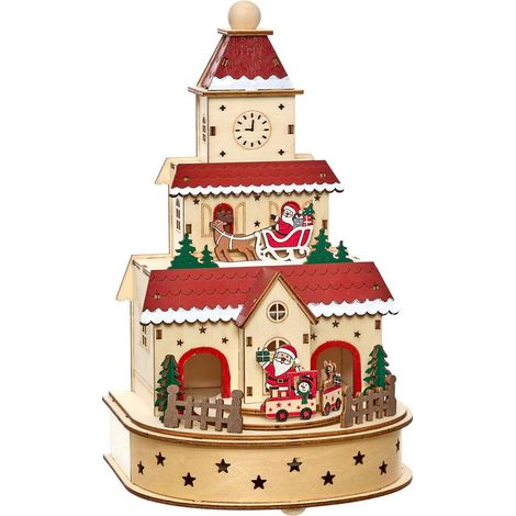Casetta di natale luminosa in legno, animata e musicale, con 4 led, altezza 28 cm, alimentata a batterie - Atmosphera créateur d'intérieur (1/3)
