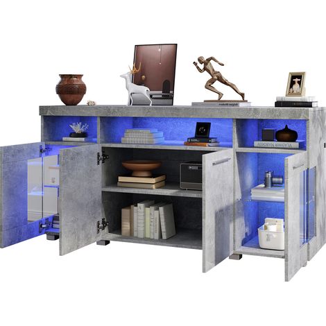 Sideboard mit 3 Türen, 6 Fächern und LED, Industriestil, für Wohnzimmer, aus MDF, Grau, 140×40×70 cm (1/5)