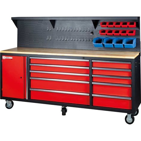 Holzmann – Carro de travail mobile en bois d'hévéa – Servante roulante 10 tiroirs – Charge maximale 950 kg – Dimensions 211,5 x 47 x 2,5 cm (1/5)