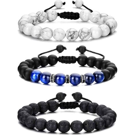 Ensemble ajustable de 3 bracelets en perles d'agate - Intervalles noirs, bleus et blancs