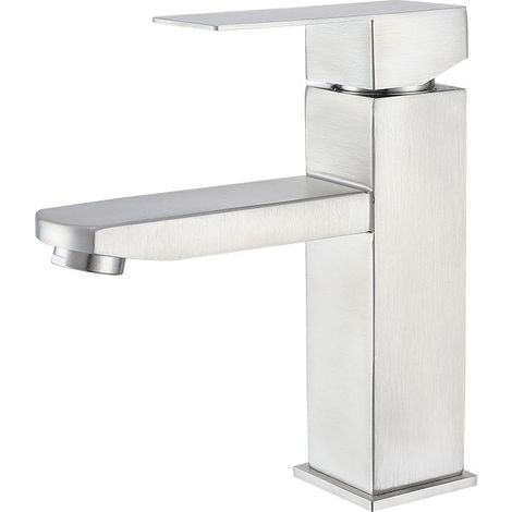 Einloch-Waschtischarmatur aus Edelstahl 304 für Warm- und Kaltwasser, inklusive Wasserzulaufschlauch – Silber