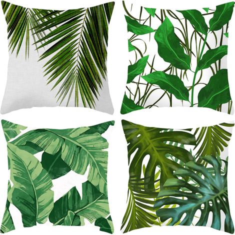Lot de 4 Taie d'oreiller, Lin, Motif feuilles tropicales, Fermeture éclair invisible, 45x45 cm, Décoration salon chambre (1/5)