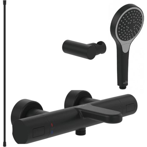 Pack mitigeur baignoire thermostatique VILLEROY ET BOCH Universal Taps & Fittings rond Noir mat avec ensemble