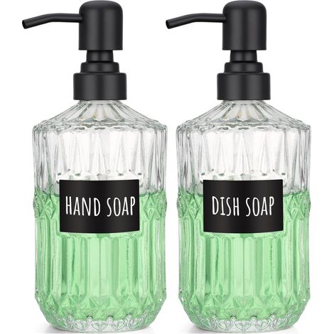 2 Pièces Distributeur Savon Verre, 450ml Flacon Pompe Acier Inoxydable, Design Géométrique Antidérapant, pour Cuisine Salle de Bain (1/5)
