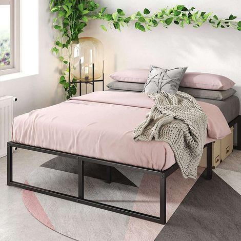 Zinus – Lit 140x190 cm en métal noir – Lit double avec sommier à lattes – Structure robuste en acier – Hauteur 36 cm pour rangement (1/5)