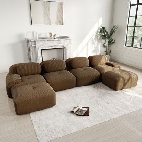 Canapé Modulable 388x178x75cm Velours Côtelé Marron Sans Montage - Canapé Composable - Forme U 5 Places Ergonomique Mousse 32D (1/5)