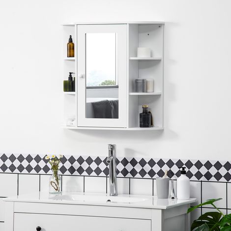 Armoire de salle de bain avec miroir, 8 compartiments, portes miroir, résistante à l'eau, 66 cm x 17 cm x 63 cm, blanche (1/5)