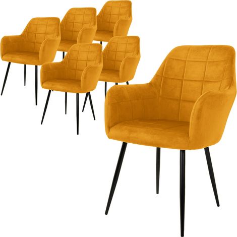 ECD Germany Set di 6 Sedie Sala da Pranzo con Schienale e Braccioli Ocra Giallo Senape Poltrone Soggiorno Cucina con Rivestimento in Velluto e Gambe in Metallo Poltroncine da Salotto Confortevoli (1/5)